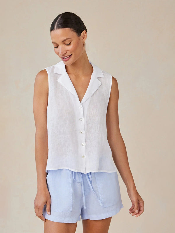 Sleeveless Notch Collar Button Down - White-Bella Dahl-Over the Rainbow