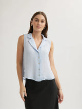 Sleeveless Notch Collar Button Down Shirt - Perennial Blue-Bella Dahl-Over the Rainbow