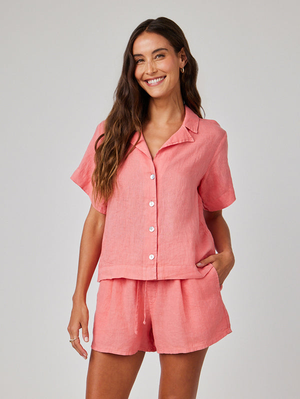 Short Sleeve Flowy Button Down Shirt - Camellia Coral-Bella Dahl-Over the Rainbow