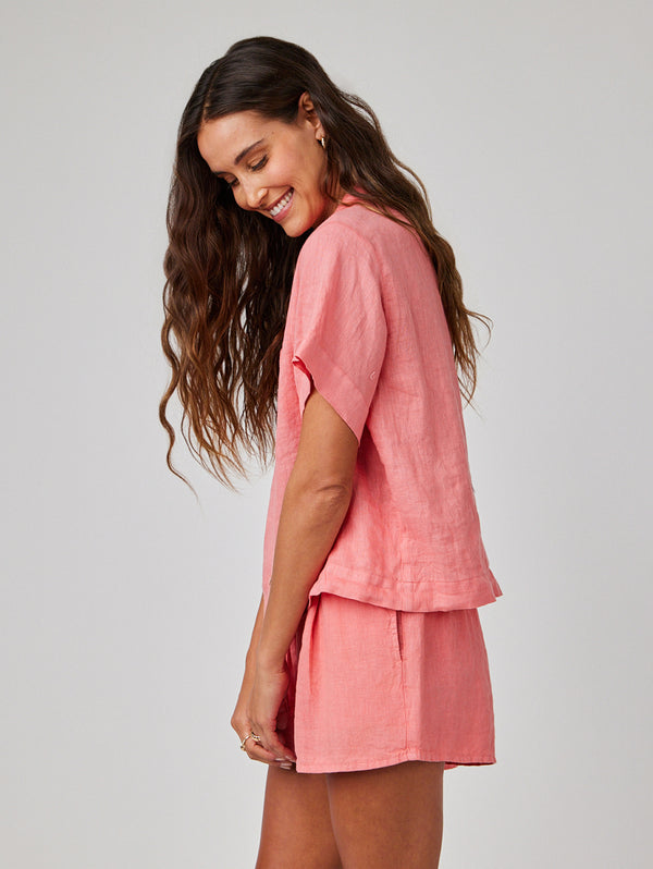 Short Sleeve Flowy Button Down Shirt - Camellia Coral-Bella Dahl-Over the Rainbow