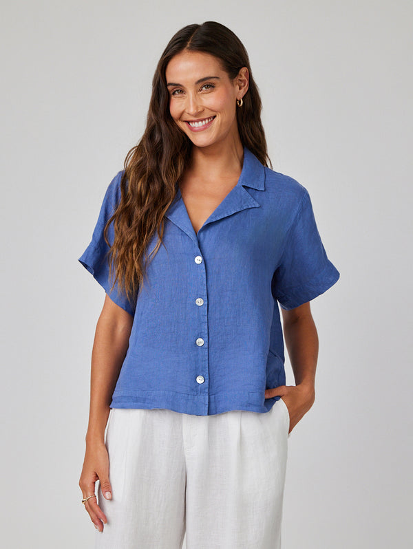 Short Sleeve Flowy Button Down Shirt - Antique Indigo-Bella Dahl-Over the Rainbow