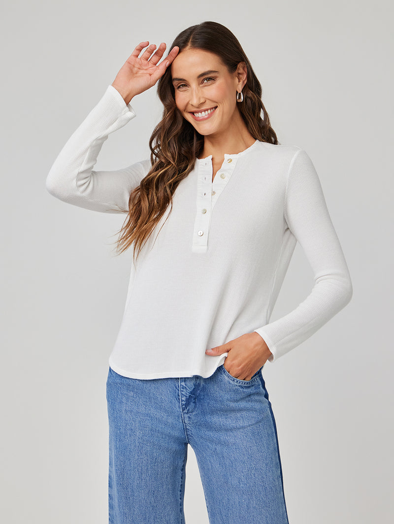 Long Sleeve Wide Placket Henley - White-Bella Dahl-Over the Rainbow