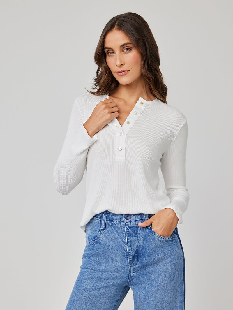 Long Sleeve Wide Placket Henley - White-Bella Dahl-Over the Rainbow