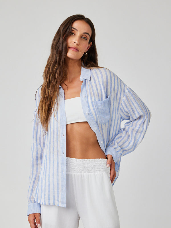 Contrast Pocket Boyfriend Shirt - Blue Sky Stripe-Bella Dahl-Over the Rainbow