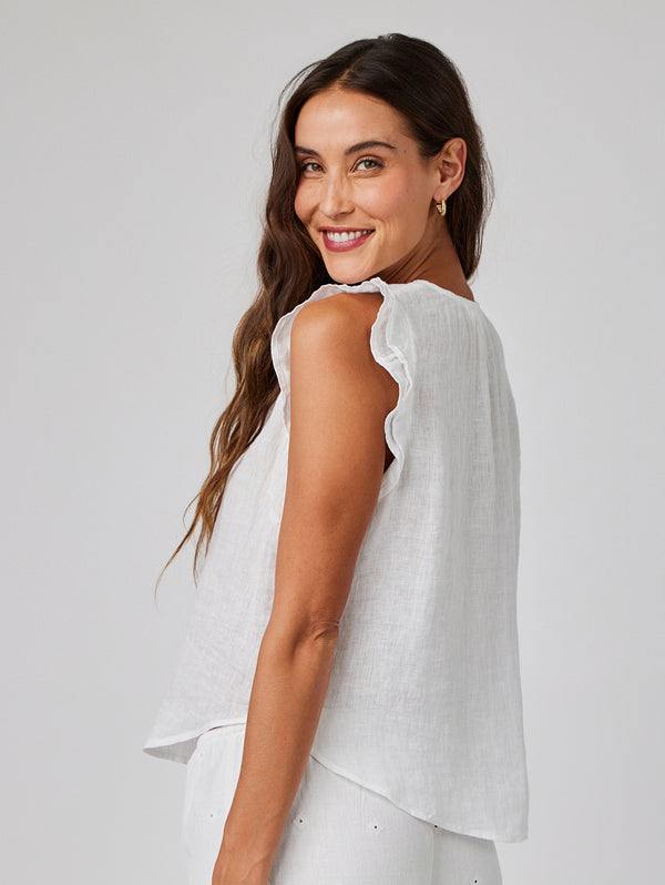 Ruffle Sleeve Tie Neck Top - White-Bella Dahl-Over the Rainbow