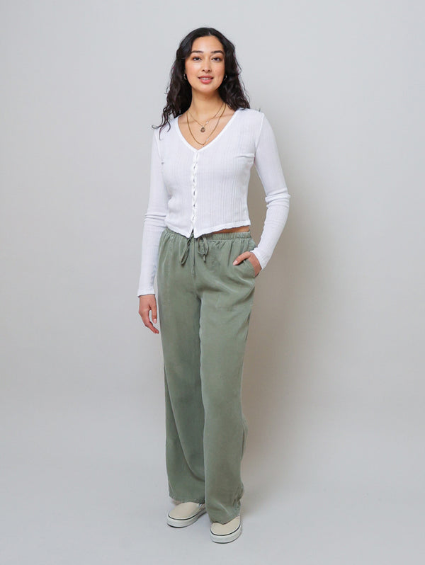 Kylie Wide Leg With Drawstring Pant - Clean Sage