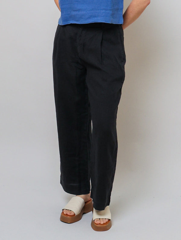 Pleated Wide Leg Ankle Linen Pant - Black