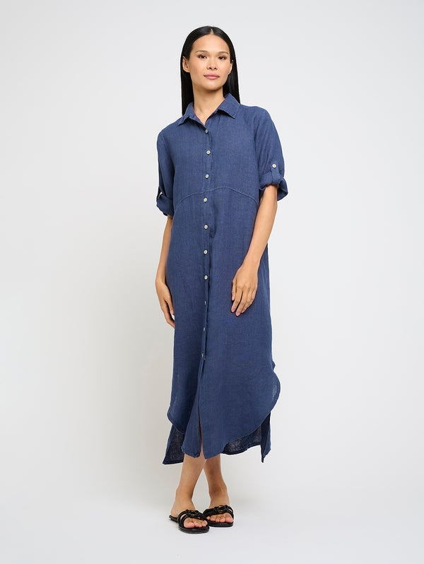 Maxi Linen Shirt Dress - Navy-PISTACHE-Over the Rainbow