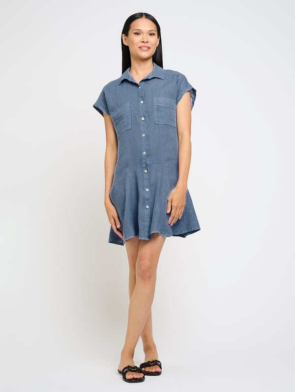 Flared Linen Shirt Dress - Azure Blue-PISTACHE-Over the Rainbow