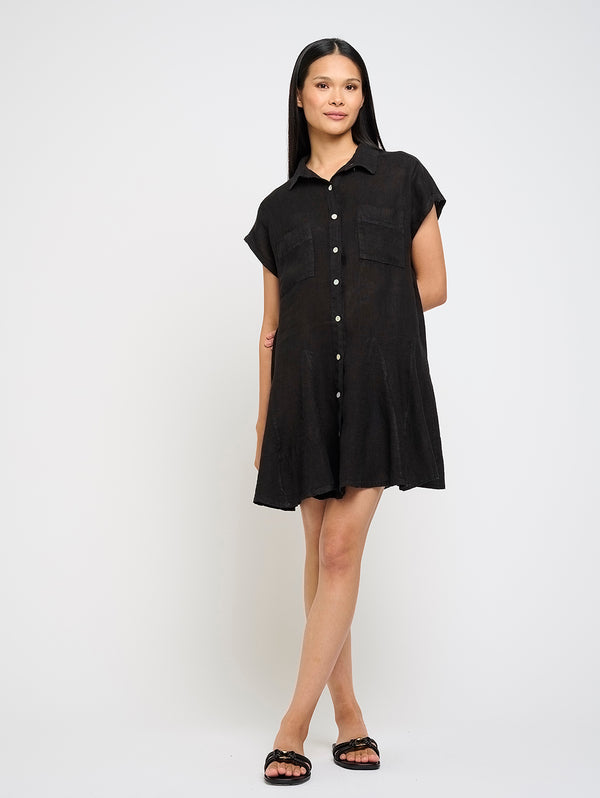 Flared Linen Shirt Dress - Black-PISTACHE-Over the Rainbow