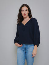 Vivi Cotton Gauze Half Button Up - Navy-Velvet-Over the Rainbow