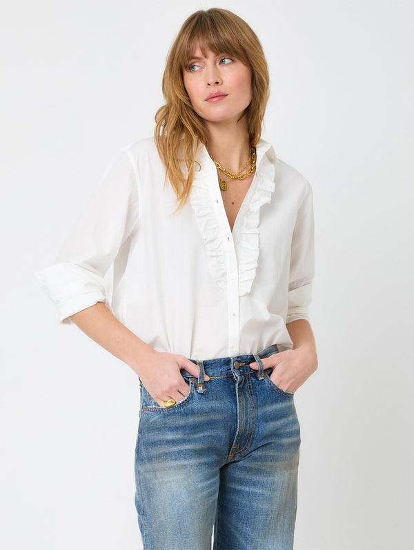 Mia Ruffle Front Shirt - White-KERRI ROSENTHAL-Over the Rainbow