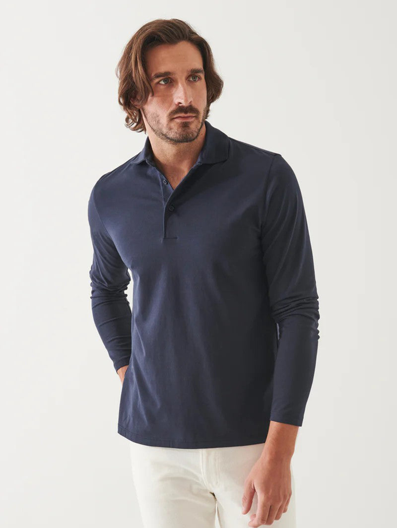 Pima Cotton Stretch Long Sleeve Polo - Midnight-Patrick Assaraf-Over the Rainbow