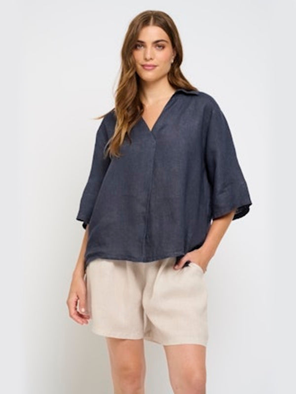 Linen Pull Over Blouse - Midnight Navy-PISTACHE-Over the Rainbow