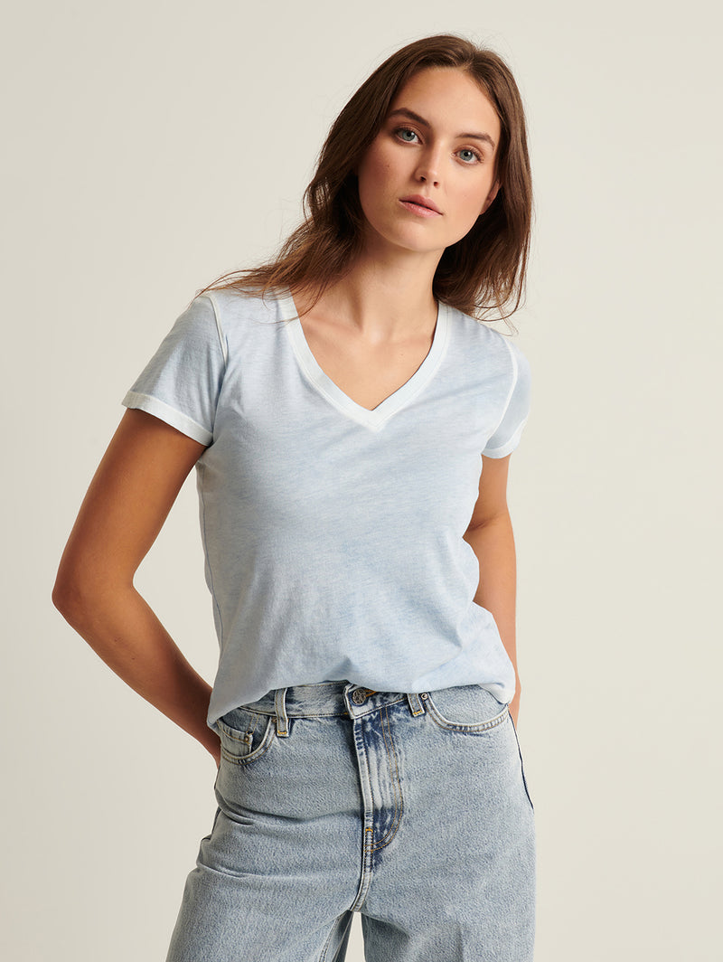 Reverse Spray Pima V Neck Tee - Island Blue