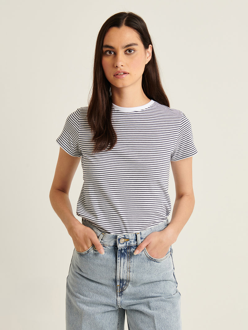 Pima Slim Striped Crew Tee - White