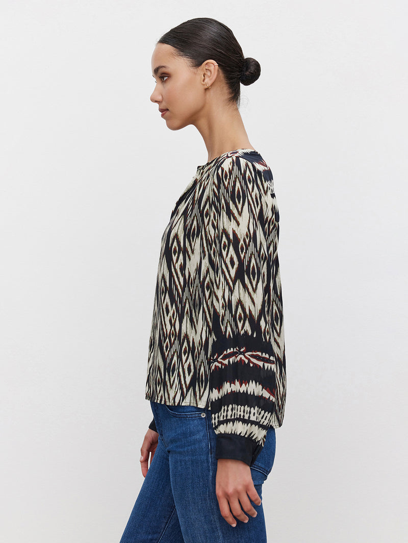 Abrielle Ikat Long Sleeve Top - Black Ecru-Velvet-Over the Rainbow