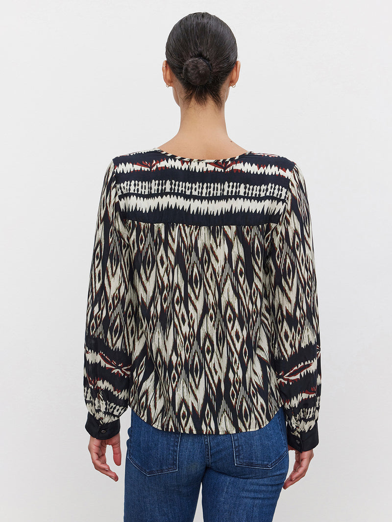 Abrielle Ikat Long Sleeve Top - Black Ecru-Velvet-Over the Rainbow