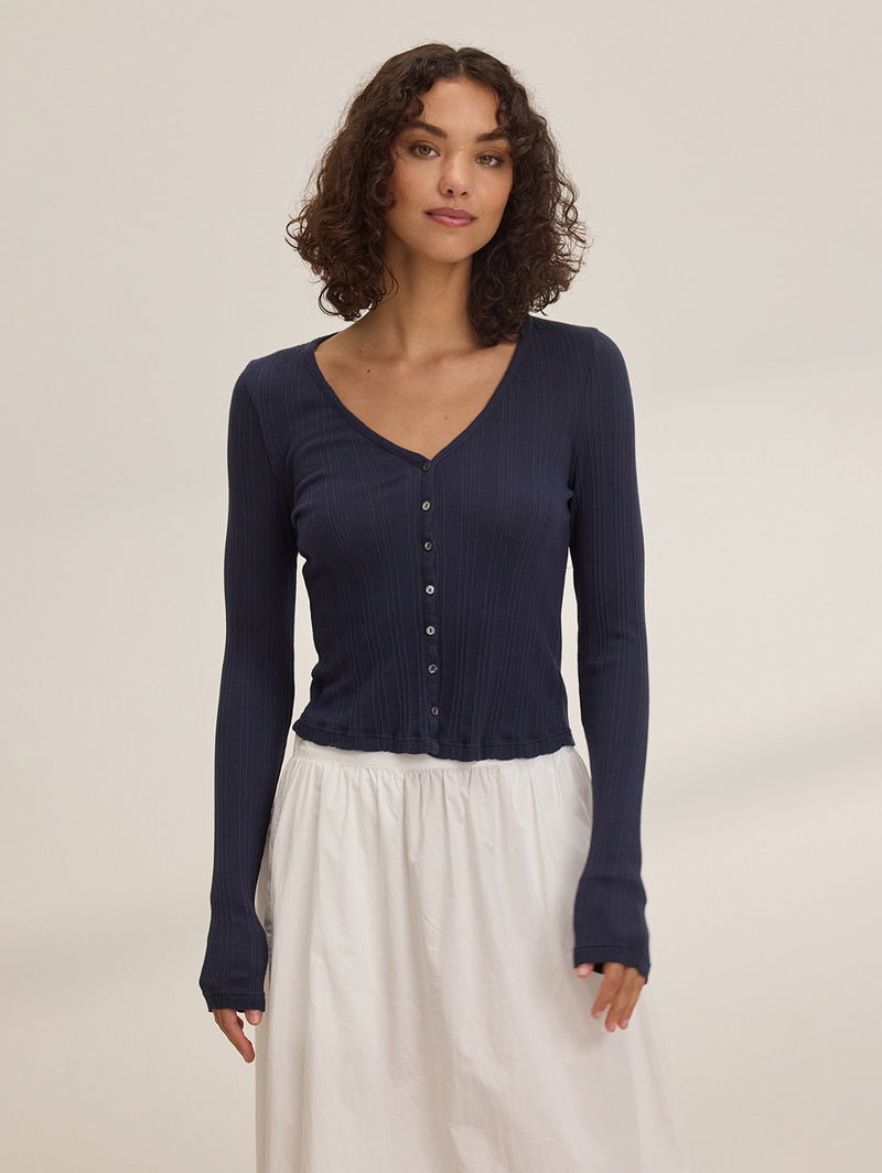 Drew Pointelle Cardigan - Navy-Velvet-Over the Rainbow