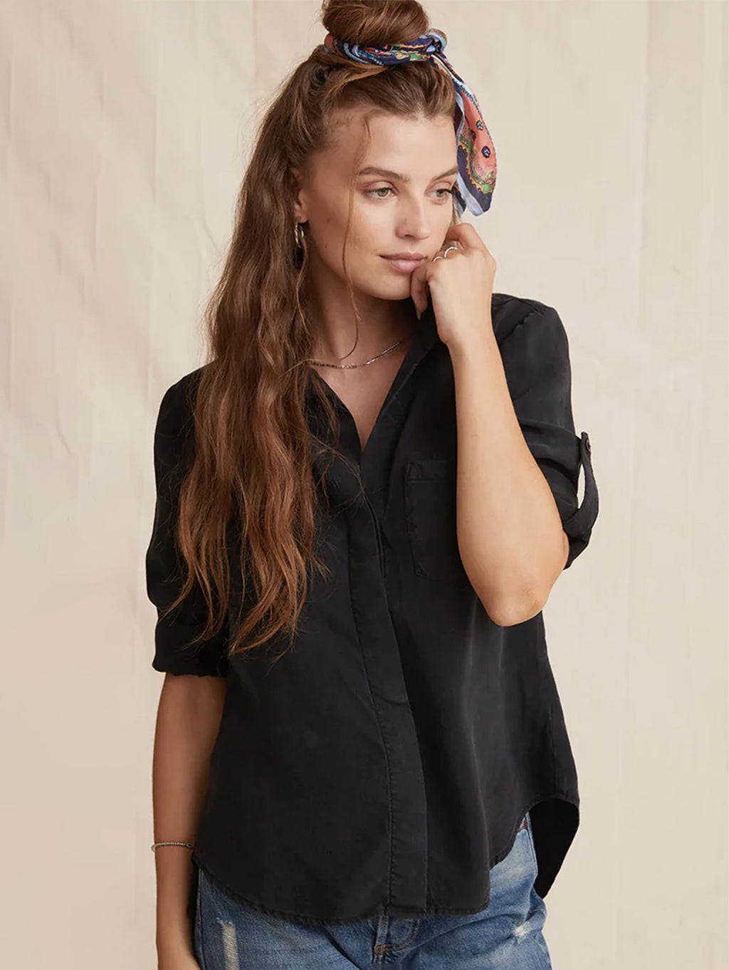 BELLA DAHL Split Back Button Down Shirt Black Over the