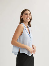 Sleeveless Notch Collar Button Down Shirt - Perennial Blue-Bella Dahl-Over the Rainbow