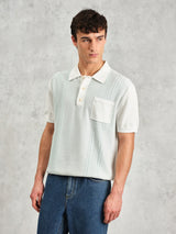 Turin Polo - Pale Blue/Ecru Knit Retro Stripe-Wax London-Over the Rainbow