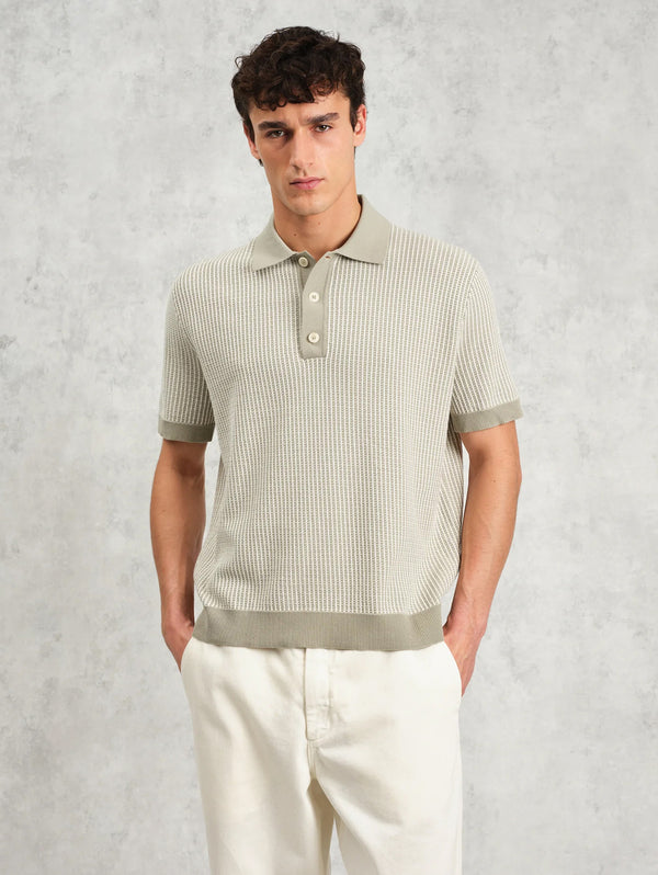 Turin Polo - Khaki Ladder Stripe Knit-Wax London-Over the Rainbow