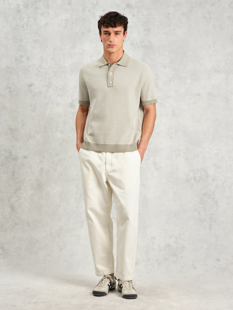 Turin Polo - Khaki Ladder Stripe Knit-Wax London-Over the Rainbow