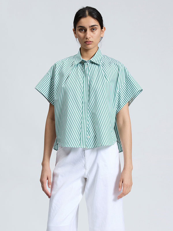 Martha Short Sleeve Poplin Shirt - Pine Stripe