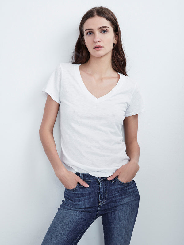 bebe Sport Women's Classic V-Neck Short Sleeve T-Shirt, White, M at  Women's  Clothing store
